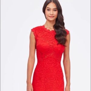 Cherry red stretchy lace fit and flair prom dress